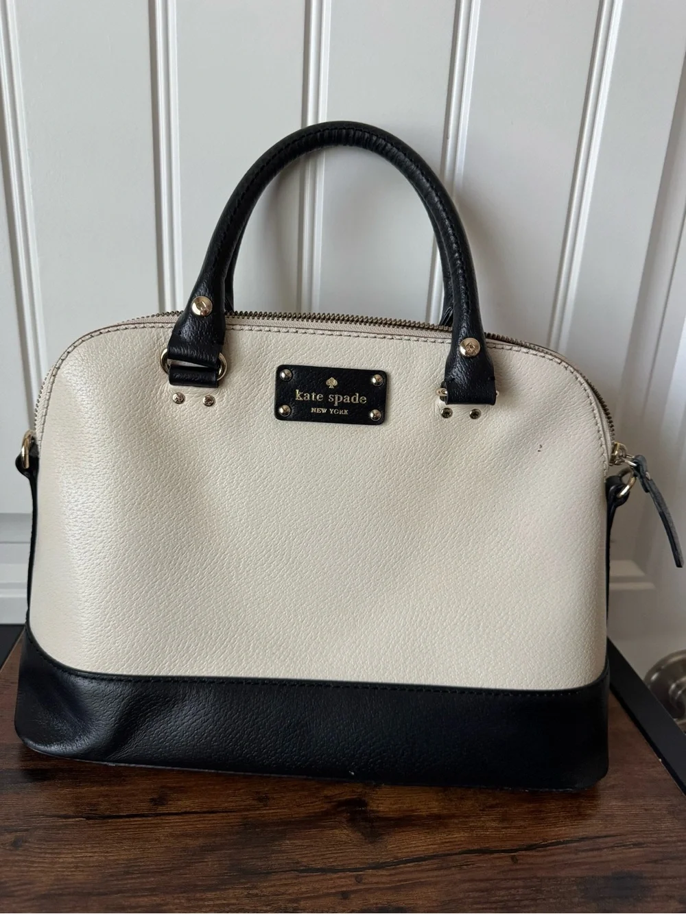Kate Spade Two Tone Leather Dome Satchel Black Cream Handbag